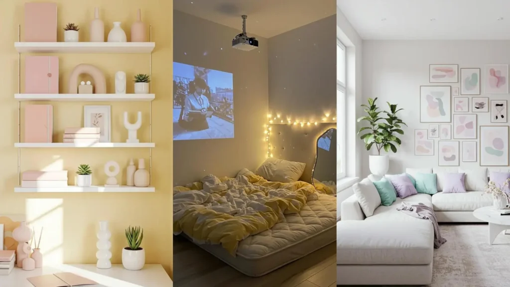 Habitaciones coreanas soft con paletas pastel: estanterías delicadas, dormitorio acogedor con proyector y sala de estar luminosa.