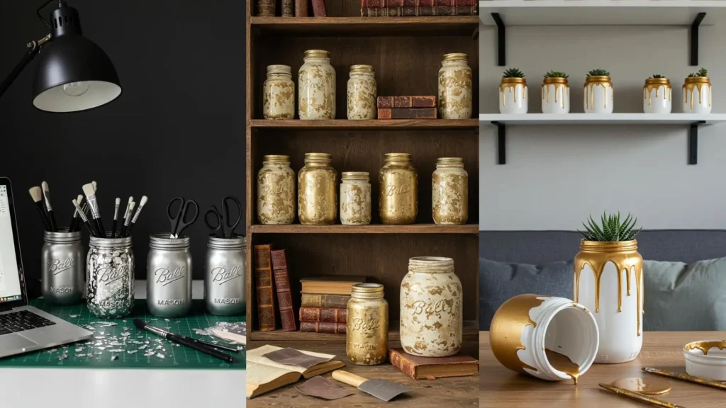 Frascos de vidrio con pintura metálica dorada y plateada en un escritorio y estantes, creando un look glam de bricolaje.