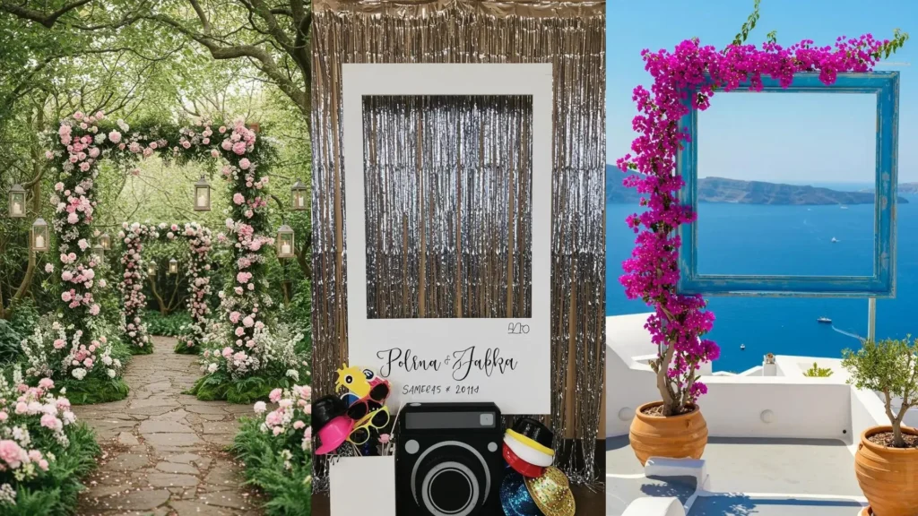 Inspiradoras ideas DIY para photocalls de boda con marcos gigantes: floral, polaroid divertido y con vistas al mar.
