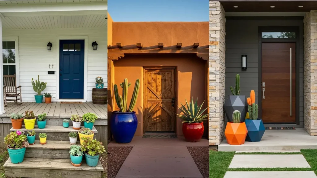 Diseños de porche con cactus y suculentas en macetas coloridas, desde rústico a moderno, para inspirar tu decoración.