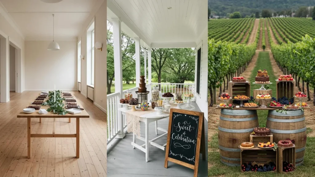 Decoración rústica de cumpleaños con mesas de chocolates y dulces, incluyendo fuente de chocolate y barriles.