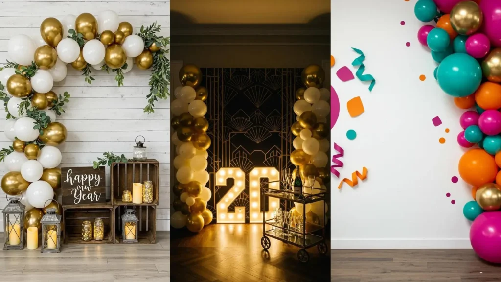 Decoración de Año Nuevo con photocalls de globos metálicos dorados y blancos. Ideas festivas para celebraciones caseras.