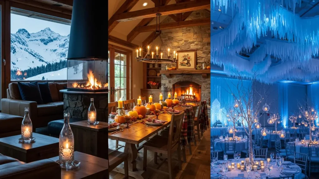 Portavelas DIY inspirados en otoño e invierno: calabazas en mesa, botellas en sala y esferas en fiesta invernal.