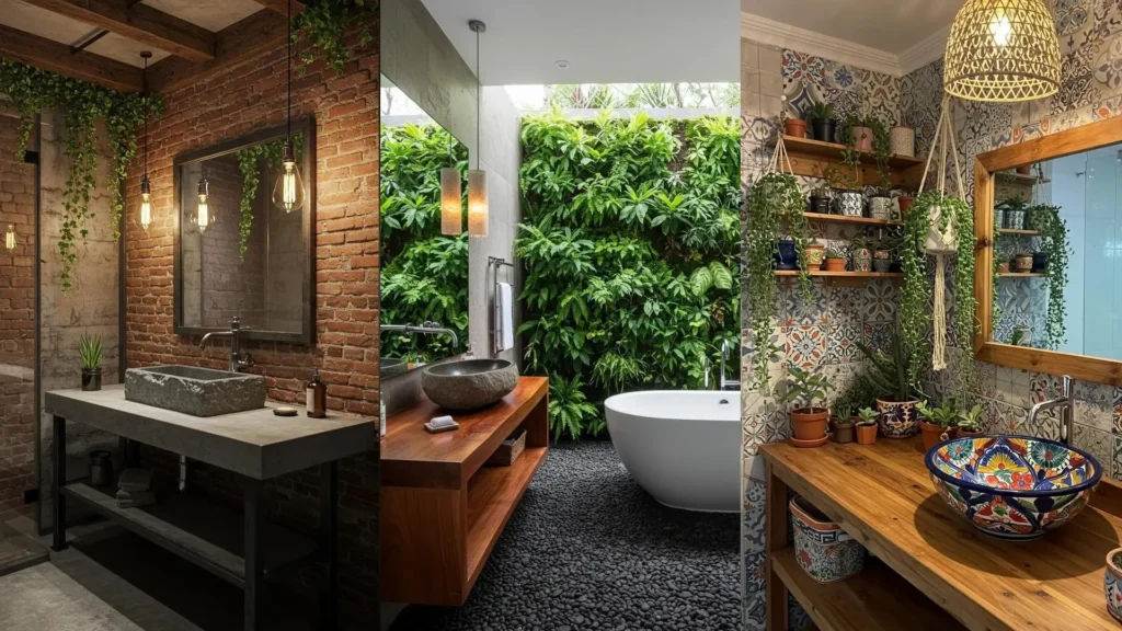 Propuestas de baños con lavabos sobre encimera, que integran piedras y plantas. Diseño natural con jardines verticales.