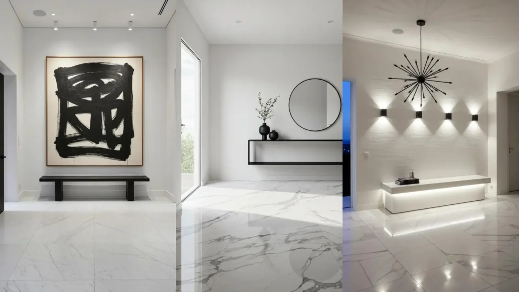 Modernos recibidores con pisos de mármol blanco y detalles en negro mate, mostrando contraste y estilo.