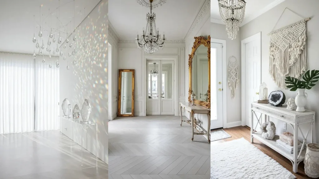 Elegantes recibidores monocromáticos en blanco con lámparas de cristal, espejos dorados y detalles de cristal que reflejan la luz.