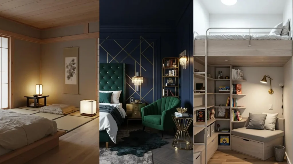 Acogedor rincón de lectura en dormitorio bajo una cama alta con estantes llenos de libros, ideal para escapistas literarios.