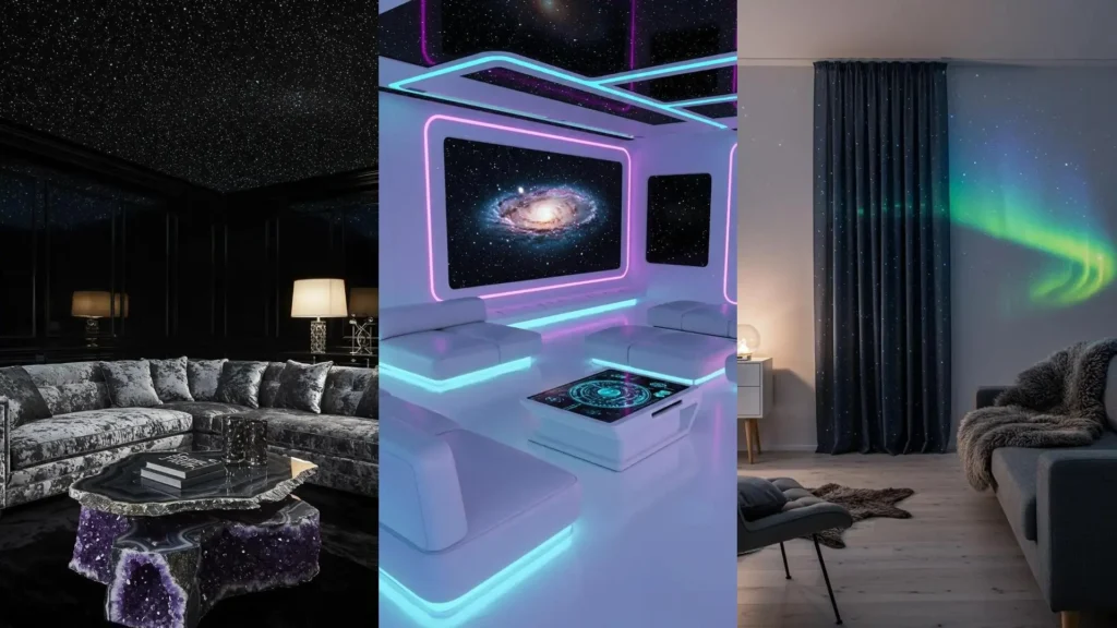 Inspiradoras salas de estar con temática estelar: desde techos de galaxias hasta proyecciones de auroras boreales.