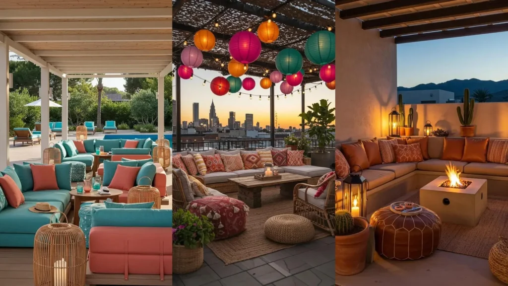 Terrazas veraniegas con faroles de colores vivos y cojines boho, creando ambientes festivos y acogedores al aire libre.
