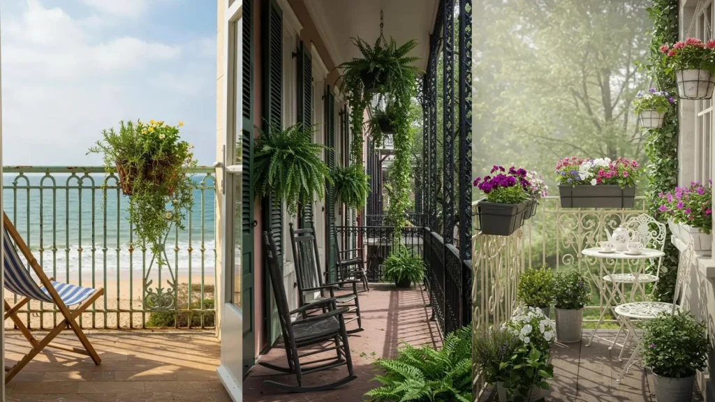 Hermosos balcones vintage con detalles de hierro forjado, flores colgantes y asientos cómodos, ideales para decoración exterior.