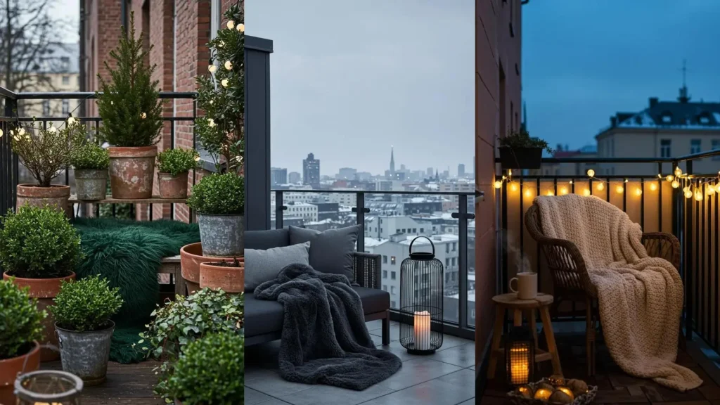 Balcones de invierno acogedores con mantas peludas, luces tenues y plantas, creando un ambiente cálido.