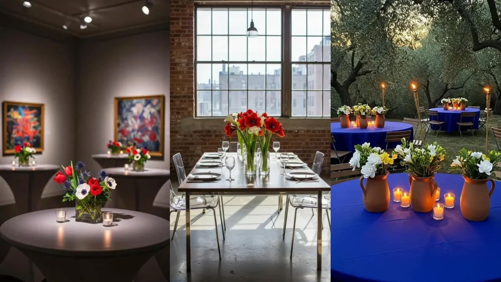 Varios centros de mesa con flores en tonos rojos, blancos y azules, ideales para decoración festiva patria.