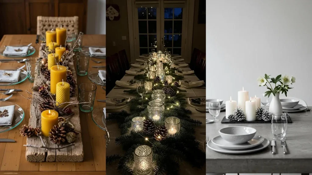 Tres ideas de centros de mesa navideños con velas encendidas, piñas naturales y follaje para una cena festiva.
