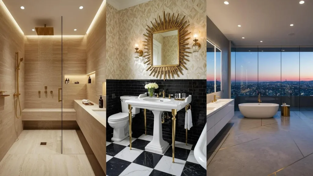 Baños lujosos estilo hotel 5 estrellas con detalles dorados: espejo sol, ducha moderna y bañera con vistas urbanas.