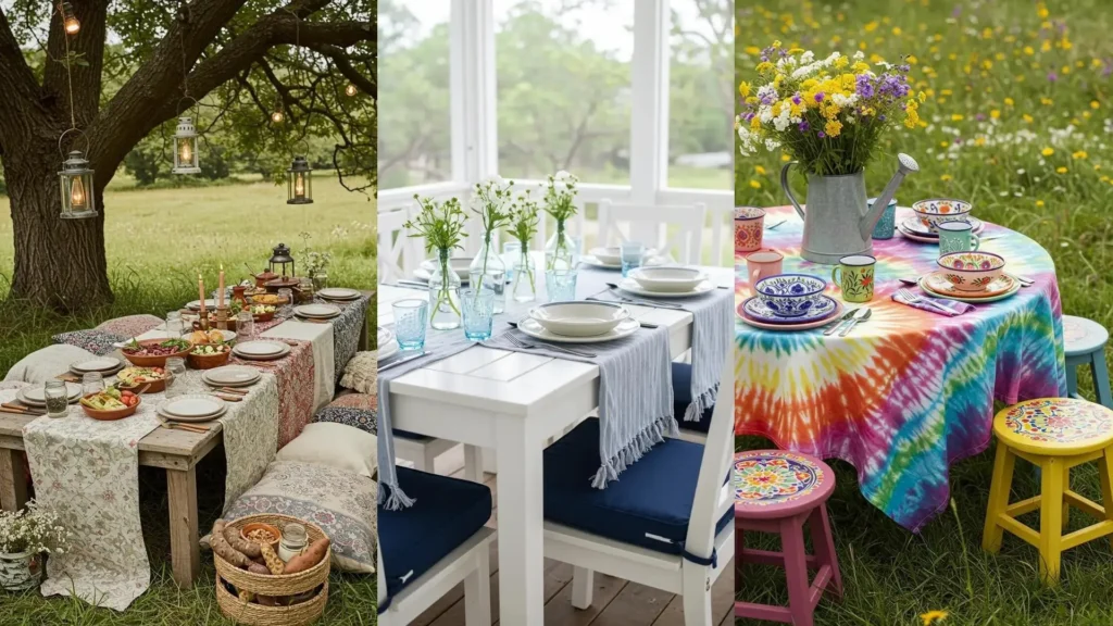 Comedores al aire libre con vajilla artesanal colorida y manteles bohemios, perfectos para disfrutar en la naturaleza.