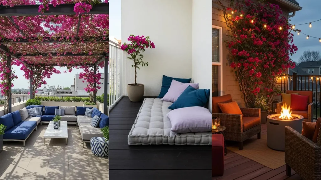 Decoración de balcones con bugambilias rosadas y cojines de colores, ideal para fiestas y crear ambientes únicos.