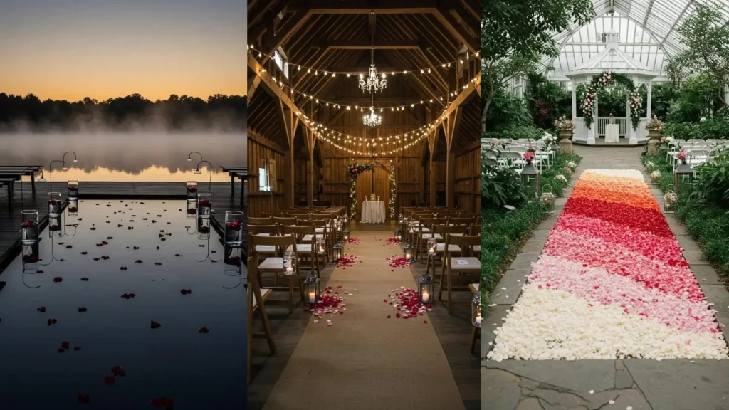 Inspiradoras decoraciones de pasillo de boda con pétalos rojos para una entrada romántica.