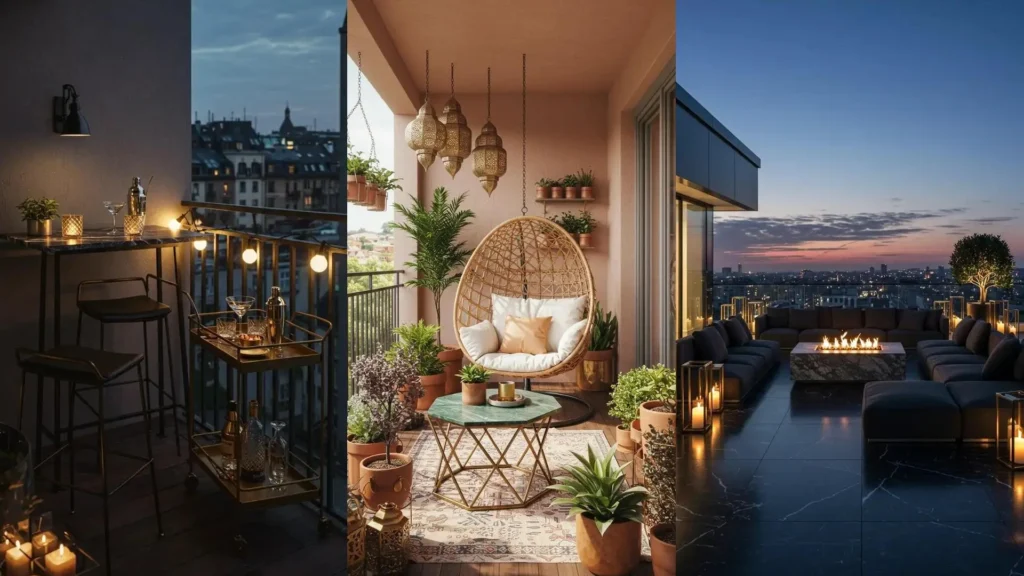 Balcones elegantes con mesas de mármol, detalles dorados y mobiliario moderno para ideas de decoración exterior sofisticadas.