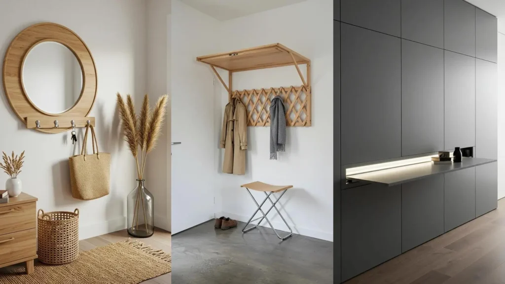 Entrada pequeña con perchero de pared y taburete plegable de madera, optimizando el espacio con muebles prácticos.