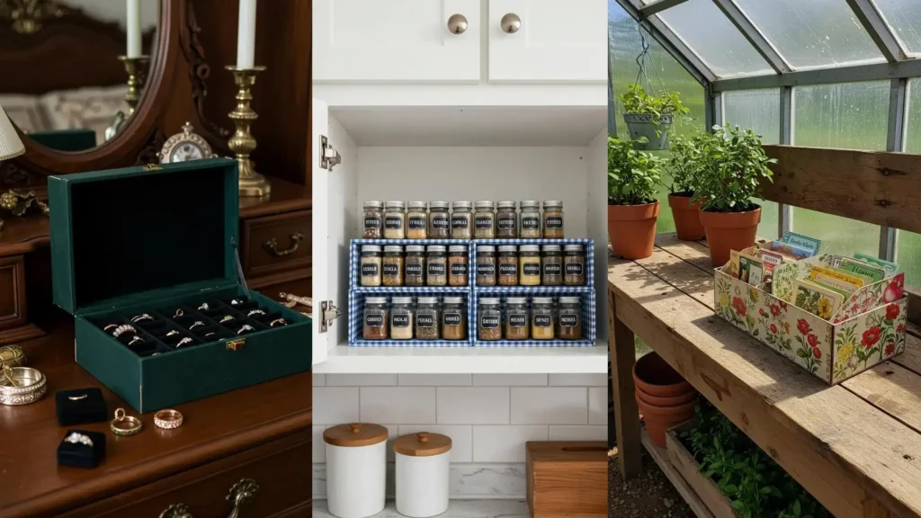 Transforma cajas de zapatos en organizadores decorativos: un joyero, un especiero y una caja de semillas floral.