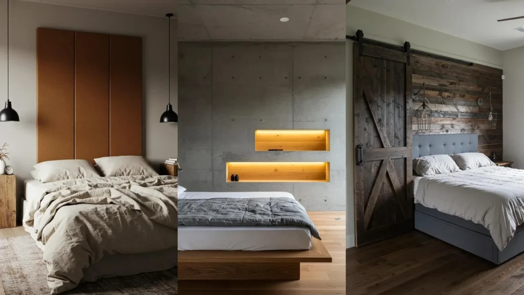 Dormitorios con estilo industrial rústico DIY. Incluye paredes de madera, concreto, cabeceros y puerta de granero para inspirar.