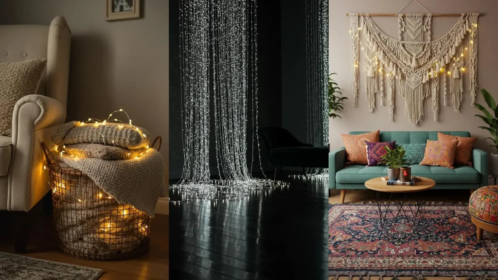Ideas de decoración con luces de hadas: cesta acogedora, cortinas brillantes y tapiz macramé para un ambiente de ensueño.