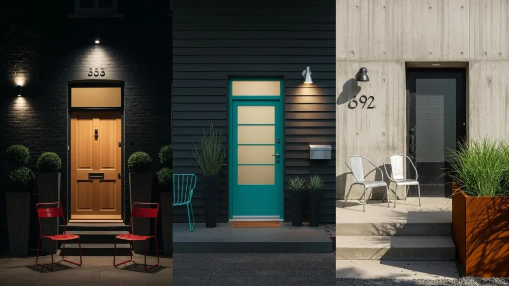 Porches urbanos chic con sillas metálicas de colores y macetas modernas. Ideas de decoración exterior.