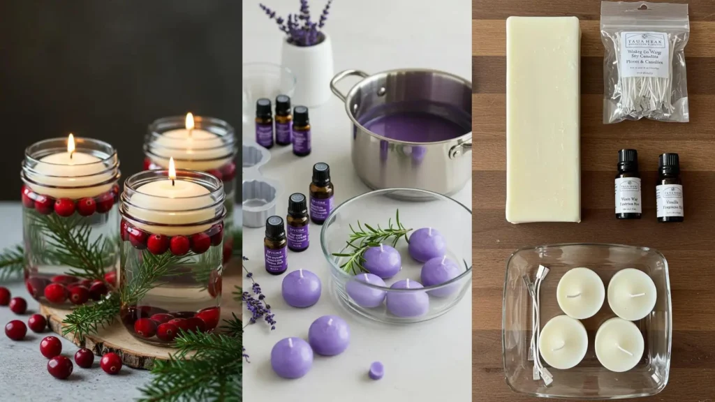 Velas flotantes caseras con arándanos y pino en frascos, perfectas para crear un ambiente íntimo en cenas románticas.