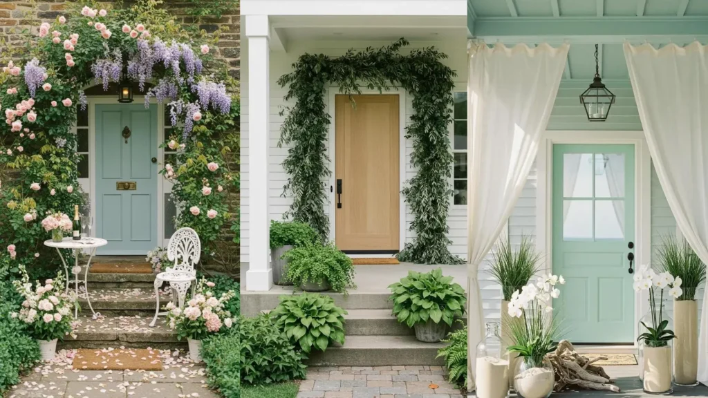 Porches decorados con arcos florales, vegetación y detalles románticos para una boda íntima en casa.