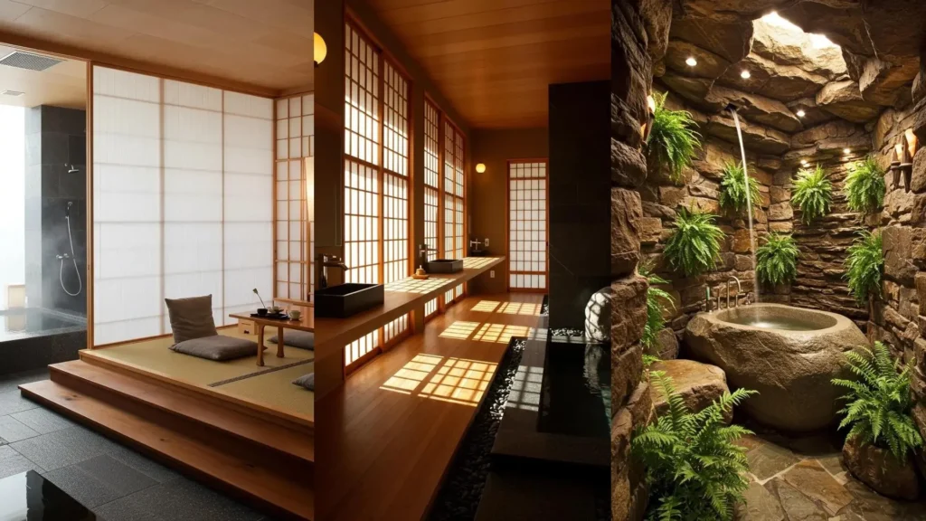 Diseños de baños estilo jardín japonés con bañeras de piedra, shoji, madera y plantas. Inspiración natural y serena.