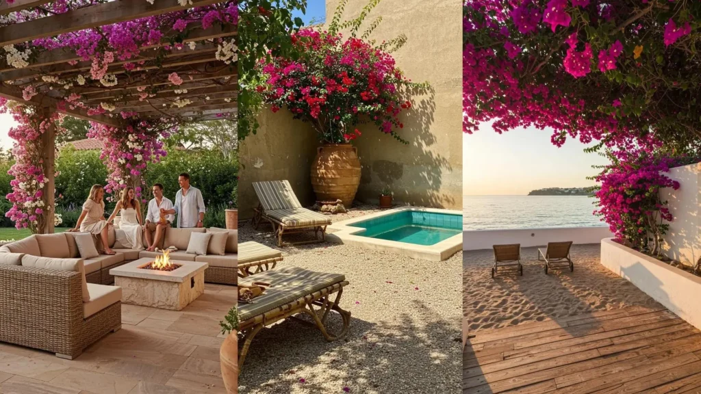 Escenas de jardines mediterráneos: buganvillas vibrantes y muebles de mimbre cómodos en exteriores idílicos.