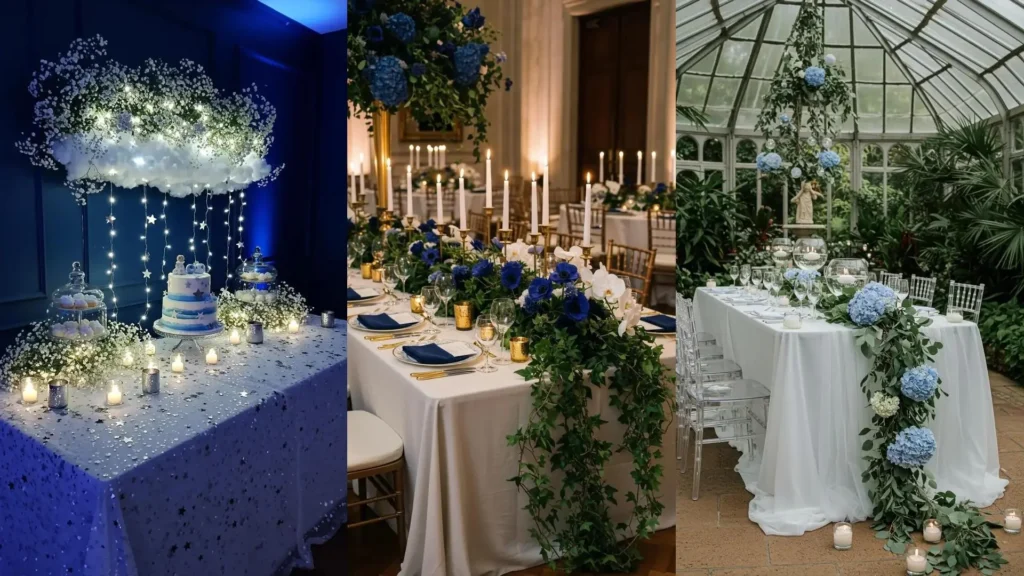 Mesas de bautizo con manteles blancos y flores azules en arreglos elegantes, perfectas para celebraciones.