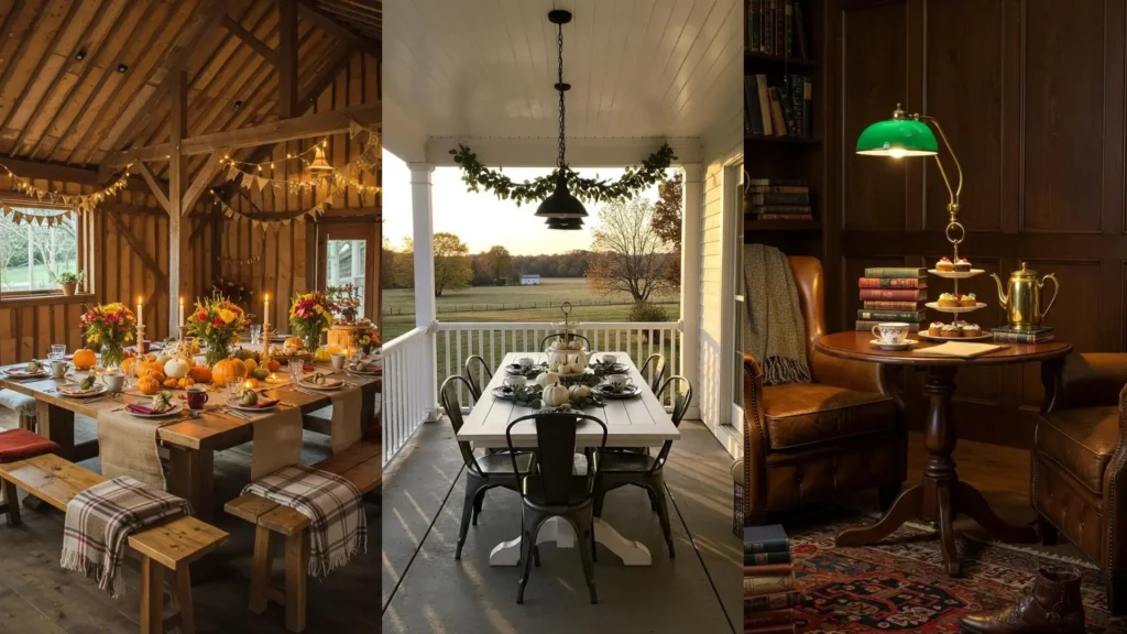 Mesas de té decoradas con calabazas otoñales y flores primaverales, creando ambientes cálidos y acogedores.