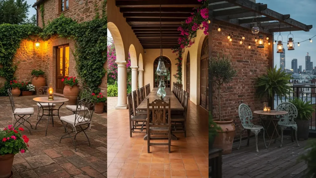 Patios estilo vintage con sillas antiguas de hierro forjado, mesas rústicas y lámparas de aceite para una iluminación cálida.
