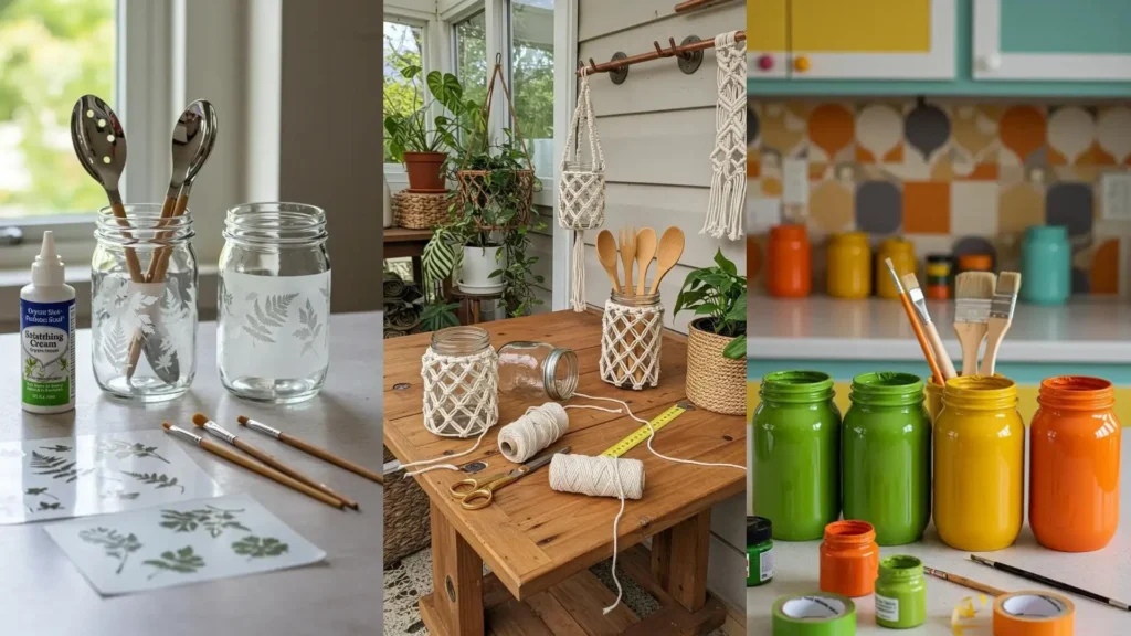 Ideas creativas DIY para transformar frascos de vidrio en porta-utensilios de cocina y organizadores, con macramé y pintura.