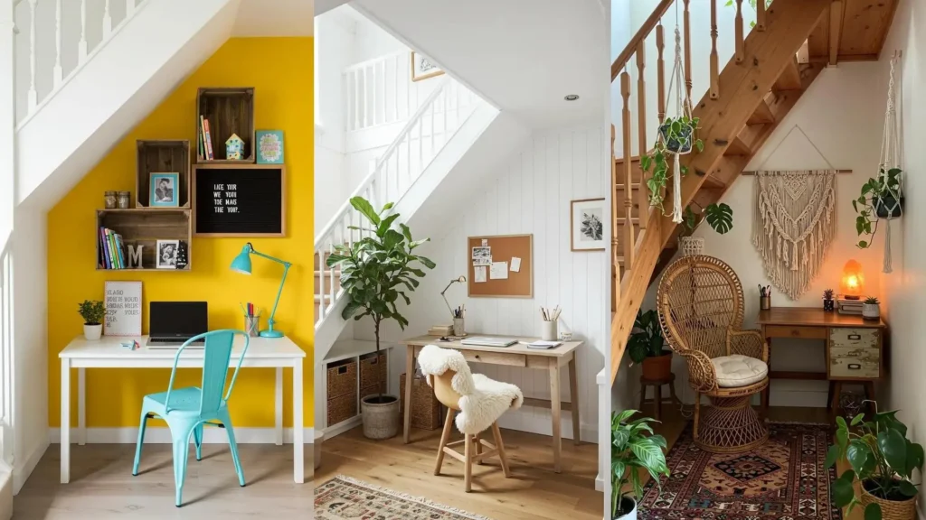 Oficinas en casa bajo escaleras: una con pared amarilla y moderna, otra rústica con silla de mimbre y plantas.
