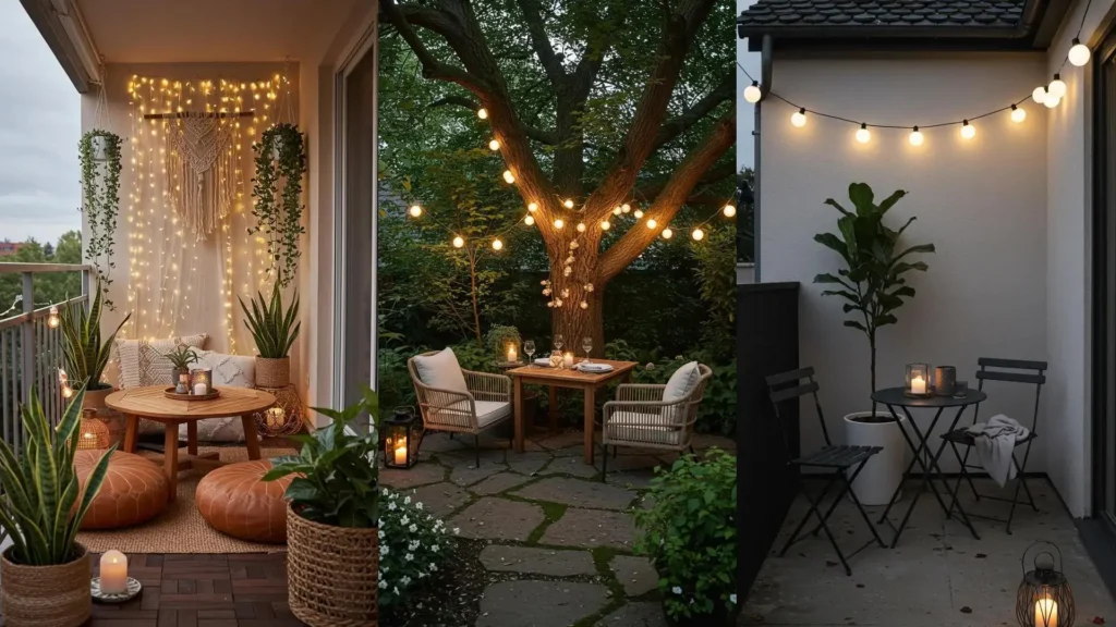 Tres rincones románticos al aire libre con luces de hadas y mesas íntimas para dos en un balcón, jardín y patio.