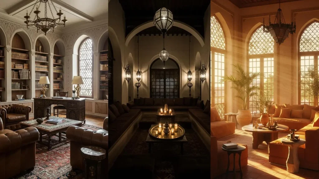Diseños de salones árabe-andaluces con arcos, celosías en ventanas y lámparas, y geometría ornamental que evoca elegancia.