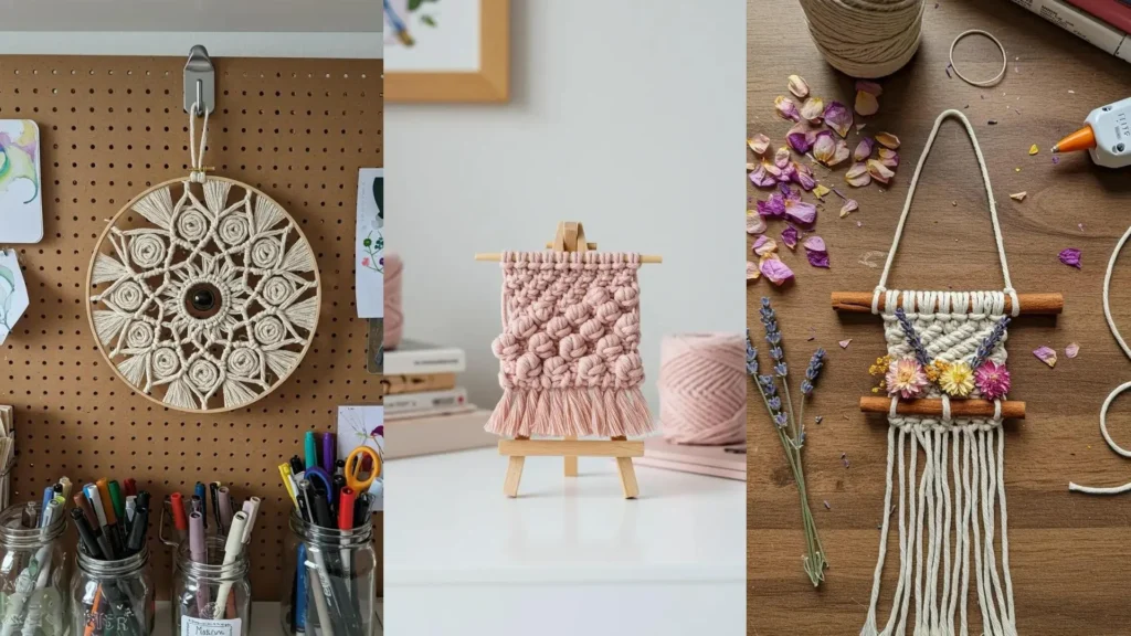 Colección de tapices de macramé pequeños para decorar escritorios, incluyendo diseños en un panel de herramientas y un caballete.