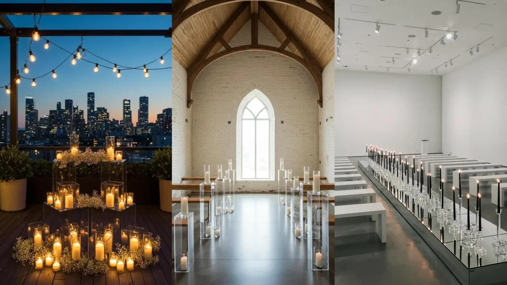 Altares minimalistas para bodas íntimas con velas encendidas y estructuras de cristal en diversos escenarios.
