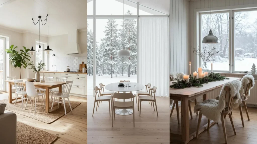 Comedores escandinavos luminosos con elementos naturales como madera y plantas, y textiles crudos, creando un ambiente cálido y acogedor.