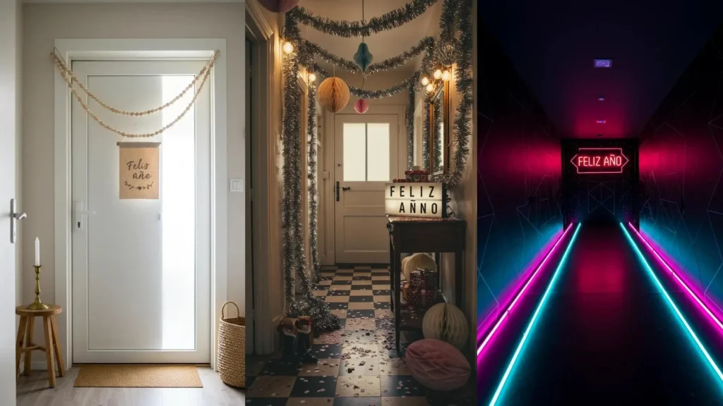 Tres entradas decoradas con carteles de Feliz Año: rústico, festivo con guirnaldas y moderno con luces de neón.