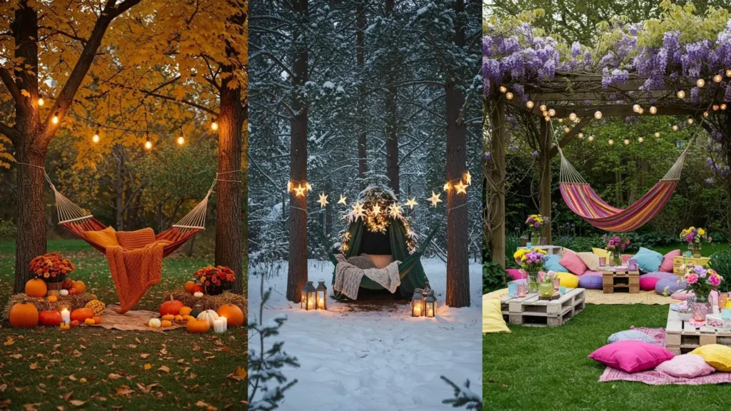 Varias ideas de decoración de jardín: hamacas acogedoras bajo luces cálidas en ambientes de otoño, invierno y primavera.