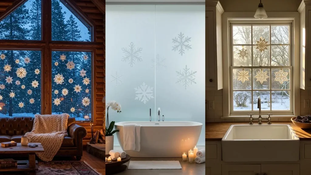 Ventanas decoradas con muchos copos de nieve de papel, creando un ambiente invernal acogedor en diferentes habitaciones.