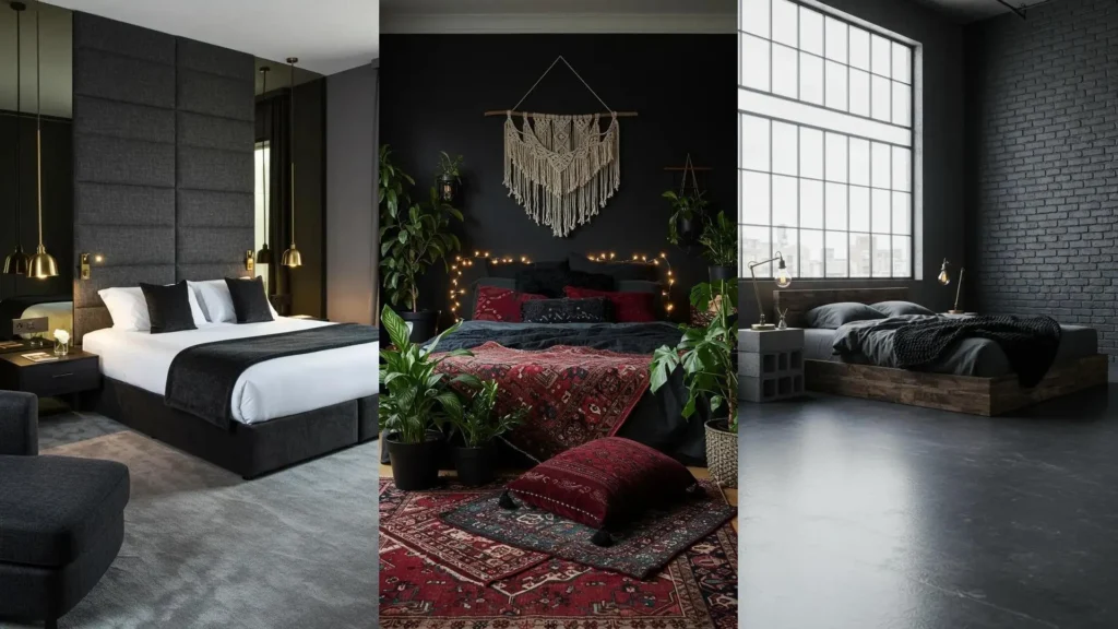 Tres sofisticados dormitorios en tonos oscuros y negro mate, con estilos moderno, bohemio e industrial para inspiración de diseño.