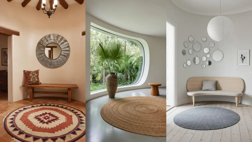 Tres entradas con estilo: alfombras redondas, espejos circulares y decoración moderna para inspirar tu hogar.