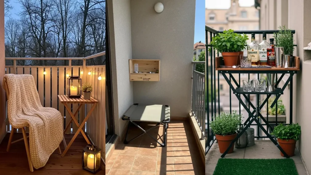 Balcones mini con soluciones creativas de muebles plegables: silla, mesa y barra para optimizar el espacio.