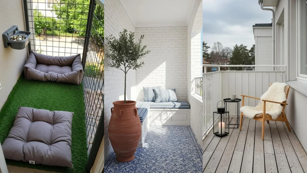 Ideas de bricolaje para balcones mini. Un rincón acogedor para mascotas, un banco con cojines y una zona de relax con silla y manta.