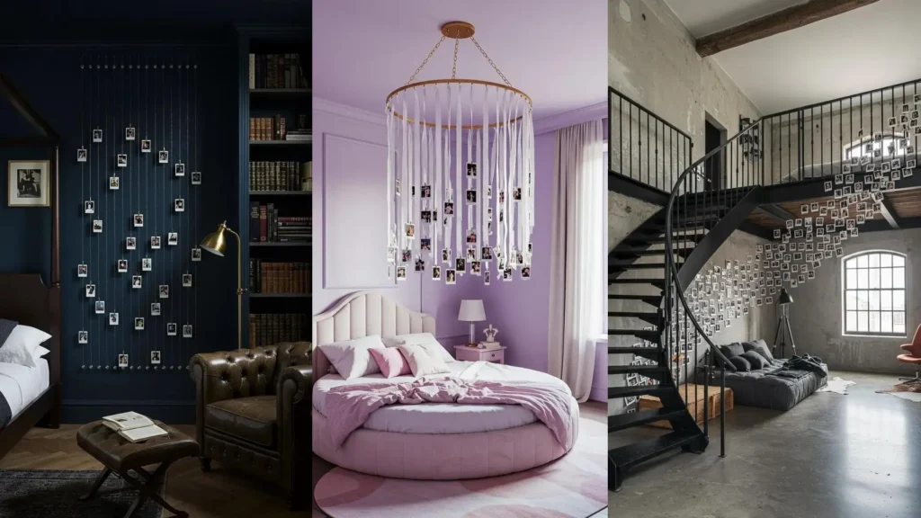 Tres ideas creativas para decorar dormitorios con fotos Polaroid: un mural en la pared, un candelabro y una cascada en la escalera.