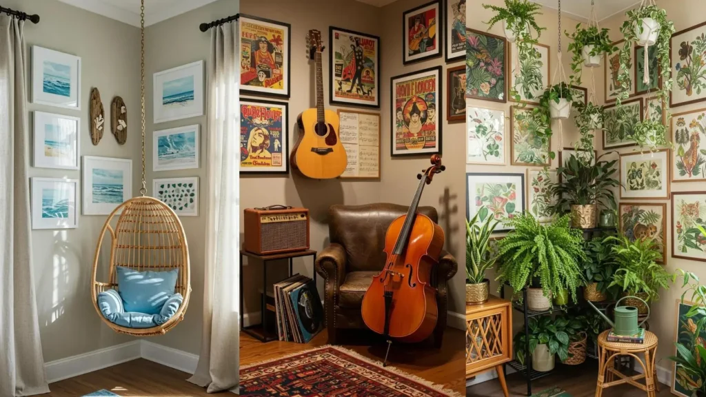 Transforma un rincón vacío en una galería bohemia: arte costero, instrumentos musicales y exuberantes plantas de interior.
